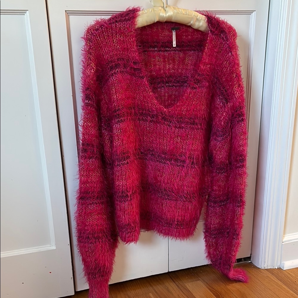 Free People Vibrant Pink V-Neck Sweater